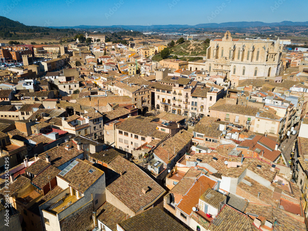 View from drone of town of Montblanc and Santa Maria cathedral, Catalonia