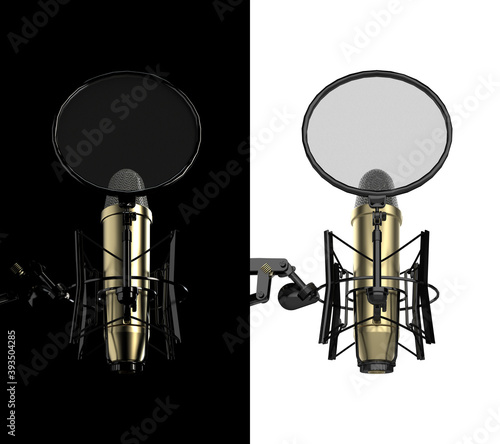 Professional music recording micrphone view from lower angle with black and white variations 3d rendering photo