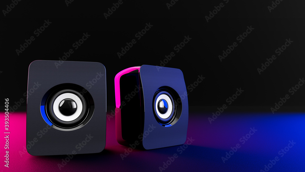 Speaker on dark night background with magenta and blue light. 3D Render. Speaker on dark night background with magenta and blue light. 3D Render.