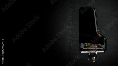 Konstfotografi Pianist playing grand black piano on stage with spot light, view from top 3d ren