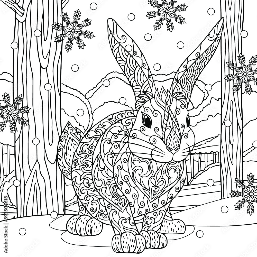 Cute rabbit in winter forest with snowflakes. Doodle bunny near trees ...
