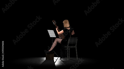 Signle woman playing classical guitar on stage 3d rendering