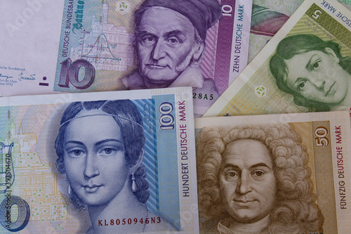 German old currency banknotes and coins ( Deutsche Mark)