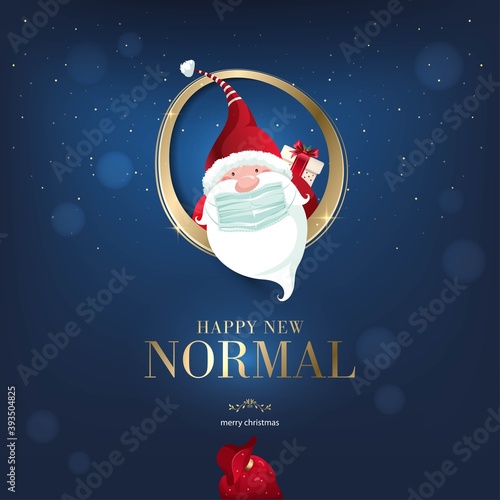 Merry Christmas and happy new year, 2021. Noel, banner, frame, header, background or greeting card design. Santa Claus in the year of Covid 19, protecting himself with a surgical mask.