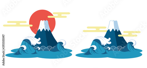 陽が昇る富士山と波のイラスト素材