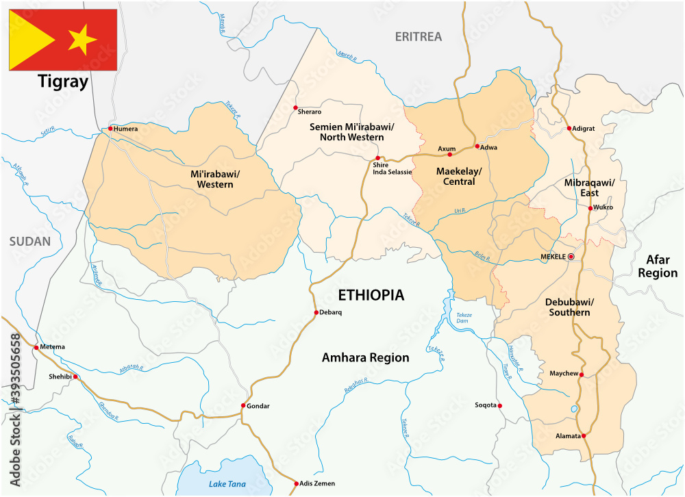 Road and administrative vector map of the Tigray region, Ethiopia