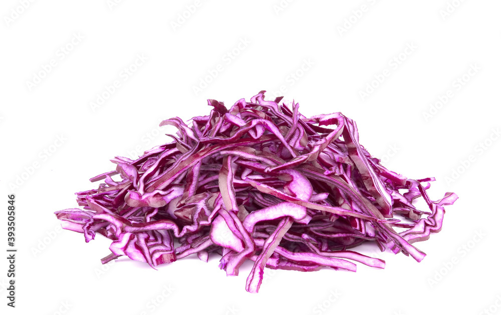 Pile of cut red cabbage isolated on white background