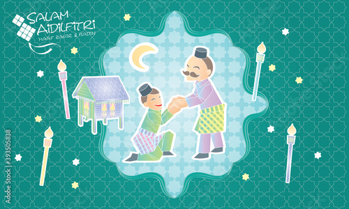A Muslim youngster is greeting to a senior, with Malay motif and elements. Caption: happy Hari Raya. Vector.