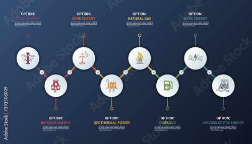 Infographic Alternative Energy template. Icons in different colors. Include Tidal Energy, Biomass Energy, Wind Energy, Geothermal Power and others.