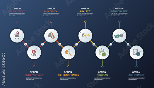 Infographic Risk Management template. Icons in different colors. Include Market Trend, Risk Investment, Capital, Identification and others.