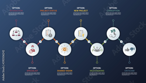 Infographic Management template. Icons in different colors. Include Lead Management, Criticism, Specialist, Interaction and others.