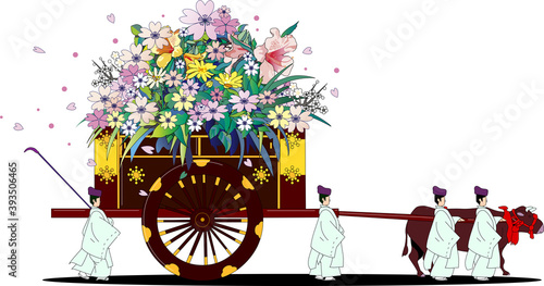 日本の昔の貴族が乗る伝統的な花を積む牛車