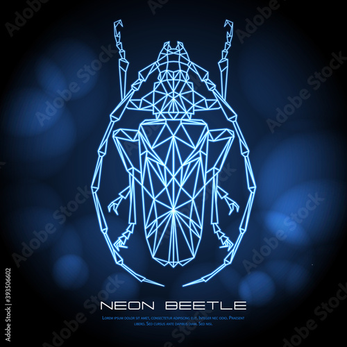 Abstract neon polygonal triangle longhorn beetle. Bug neon sign. Entomological vector illustration