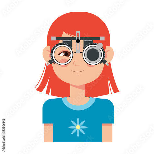 Children vision checkup in ophthalmological clinic. Optometrist checking kid eyesight with spectacles medical equipment. Glasses lens selection. Girl flat cartoon character illustration