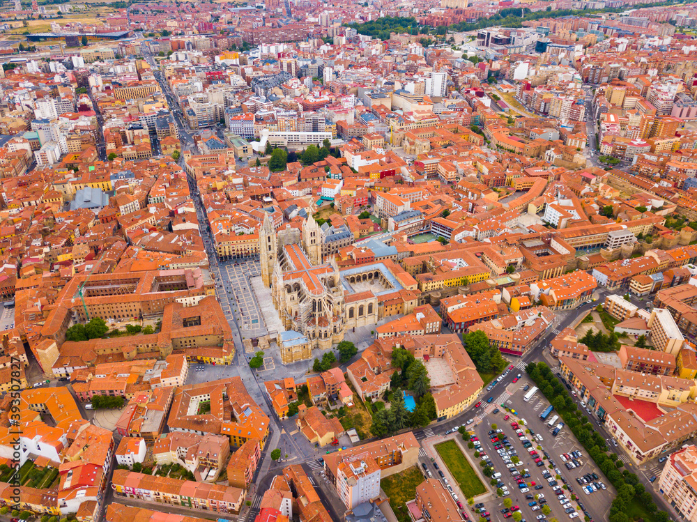 Aerial view of Leon Catholic Cathedral on background of cityscape in summer day, Spain