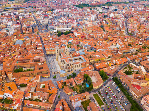 Aerial view of Leon Catholic Cathedral on background of cityscape in summer day, Spain