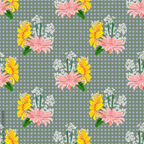 Seamless pattern with floral print. Cute garden flowers on polka dot background. Design for fabric, wallpaper, gift wrapping, home textiles.