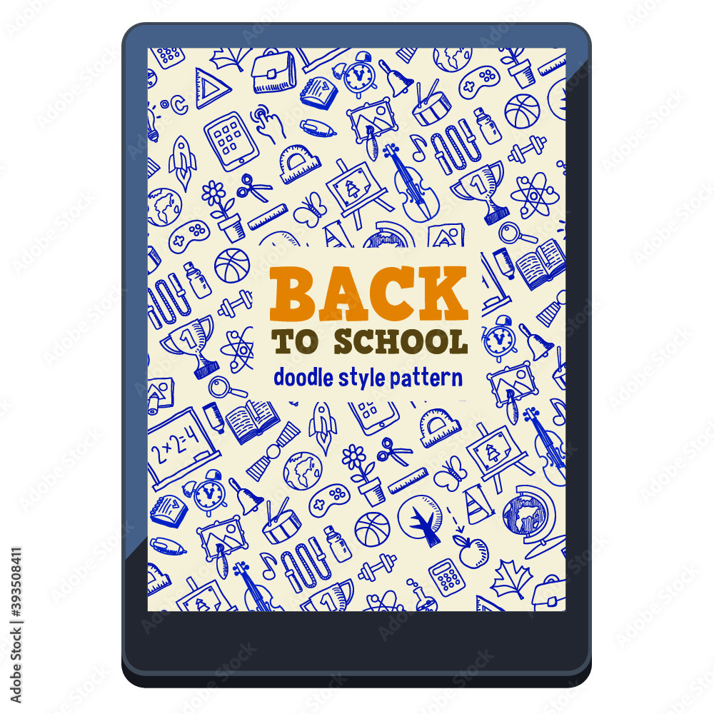 Fototapeta premium Back to school. Tablet with icons school accessories doodle style pattern, isolated vector illustration. Design for stickers, logo, web and mobile app.