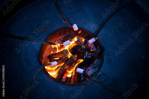 five sticks with marshmallows roasted over a bonfire