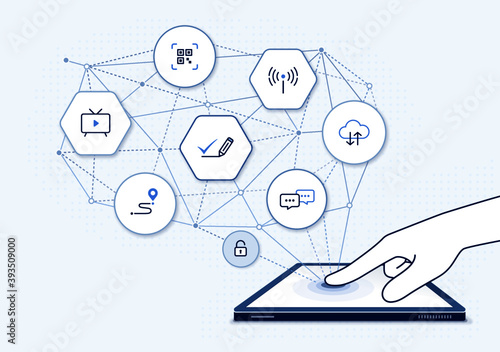 e-commerce business network illustration: digital economy concept, e business network with icons, online education platform. Finger tapping touch screen of tablet PC, side view of hand