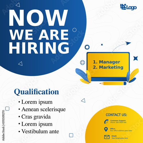 Hiring recruitment design poster.Open vacancy design template. Social media post design layout space for photo background