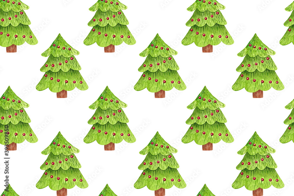 Seamless pattern with Christmas tree decorated with red garland. Hand painted watercolor illustration on white background