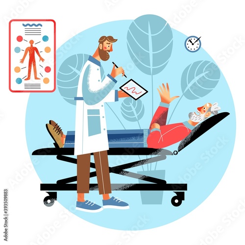 Elder patient lying on bed in hospital, doctor with paper and pen. Healthcare and assistance vector illustration. Senior man body in pain talking in ward. Old man visits doctor