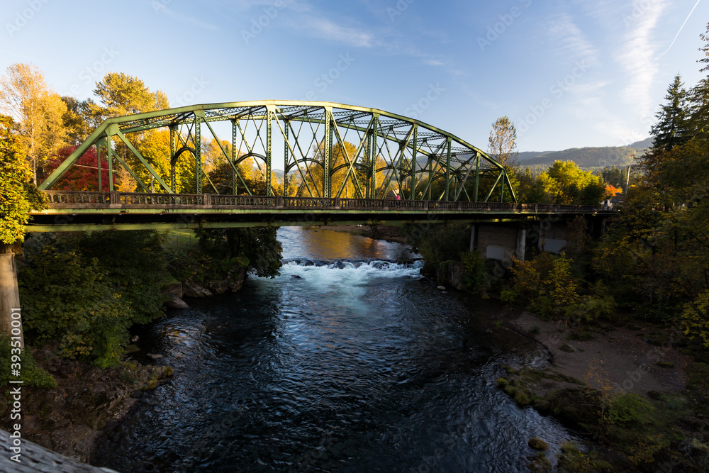 North Fork Santiam river bridge in colors of golden hours. View of the bridge before it was damaged by wild fire