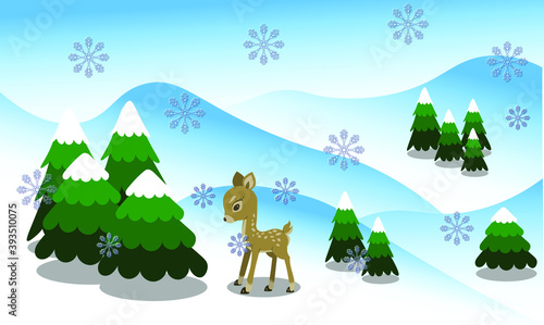 New Year and Christmas background with little baby deer among snowy winter forest