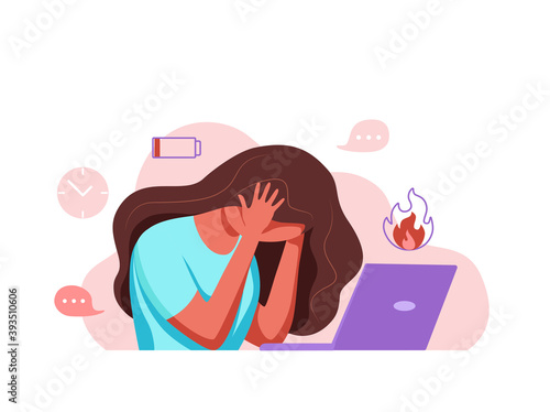 Professional burnout syndrome exhausted woman tired sitting at her workplace in office holding her head vector illustration