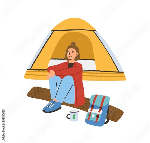 Traveling alone concept. Young woman sitting on log near camping tent. Enjoying outdoor recreation in solitude. Colorful flat vector illustration isolated on white background