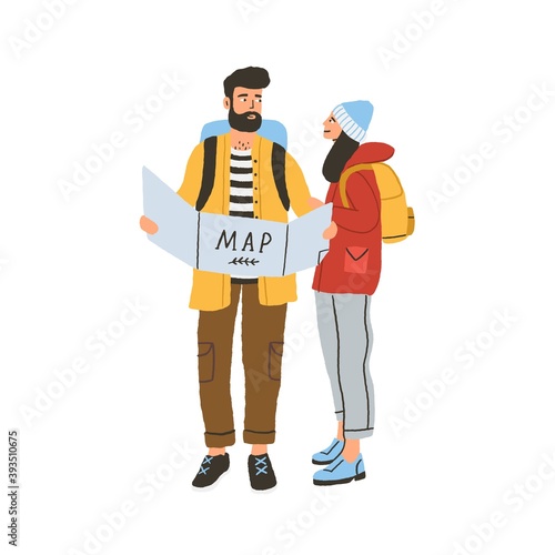 Young happy romantic couple during hiking. Modern man and woman with road map looking for route. Tourist characters traveling with backpacks. Flat vector illustration isolated on white background