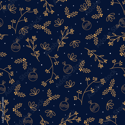 Minimalism dark christmas pattern. Vector outline seamless illustration. Pattern with winter flowers, holly berries, balls. Printable art for wrapping paper, gifts, fabric, textile, invitation cards.