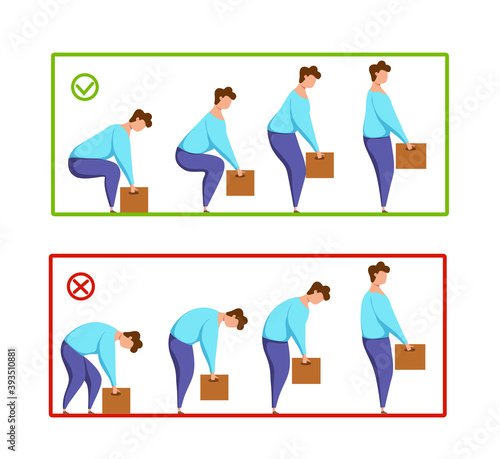 Lifting box correct and improper technique vector health care concept. Cartoon Illustration 