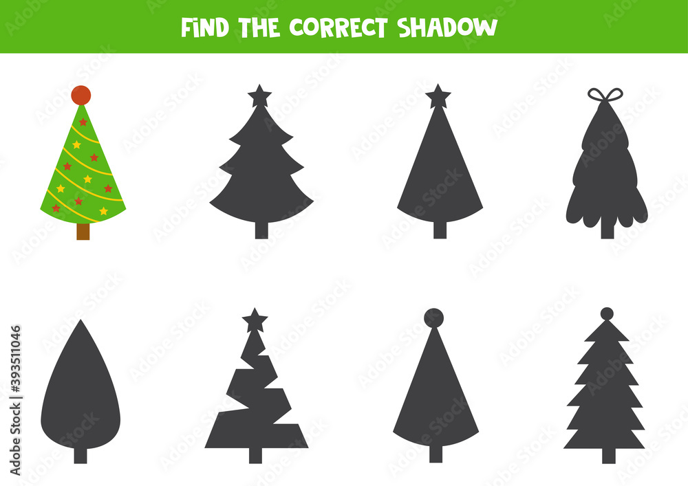 Find the right shadow of Christmas fir tree. Find the right shadow of Christmas fir tree.