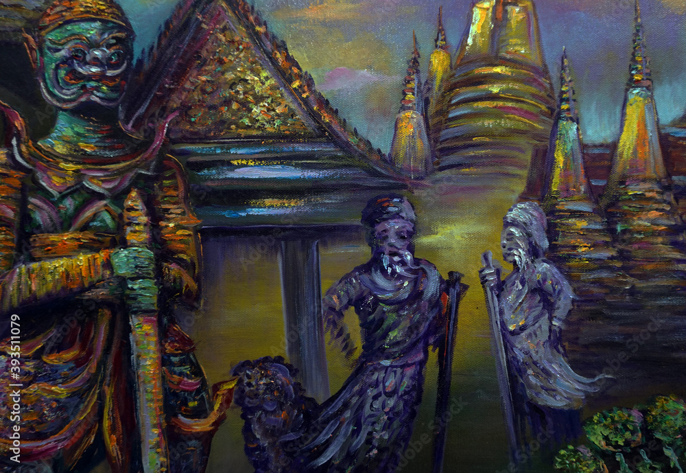 Art painting Oil color    Grand palace and Wat phra keaw            
  background from thailand