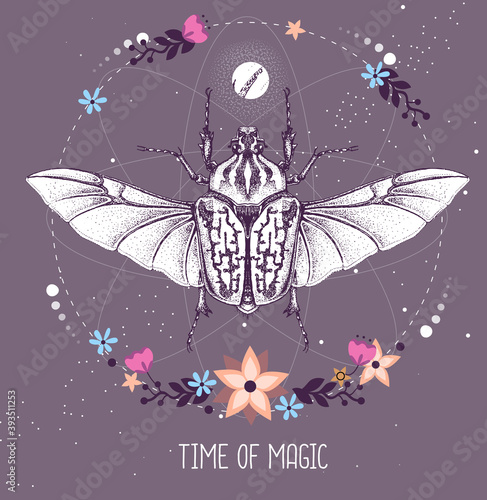 Modern magic witchcraft taros card with Goliath beetle on astrology background. Vector illustration