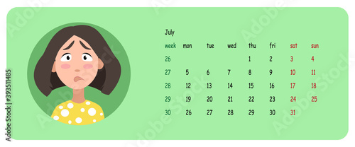 Female user profile. Calendar for the month of july 2021. A character for a screen saver with emotions. Vector illustration.