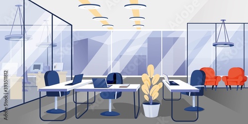 Modern office open space for work interior design background. Room for work with chairs, desks with laptops, plant, armchairs. Area for working vector illustration. Horizontal panorama