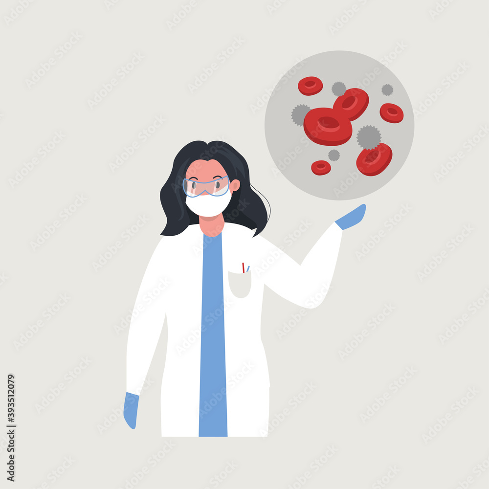 Obraz premium Woman scientists shows blood cells infected with virus. Flat vector illustration.