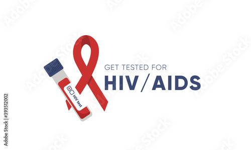 Test tube with blood and red ribbon. Call to get tested. World HIV AIDS Day. Awareness campaign. Flat vector illustration