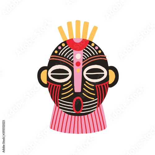 Ethnic african tribal mask with open mouth and closed eyes. Terrifying ancient ritual symbol or souvenir. Hand drawn flat vector illustration isolated on white background. Clip art element for design