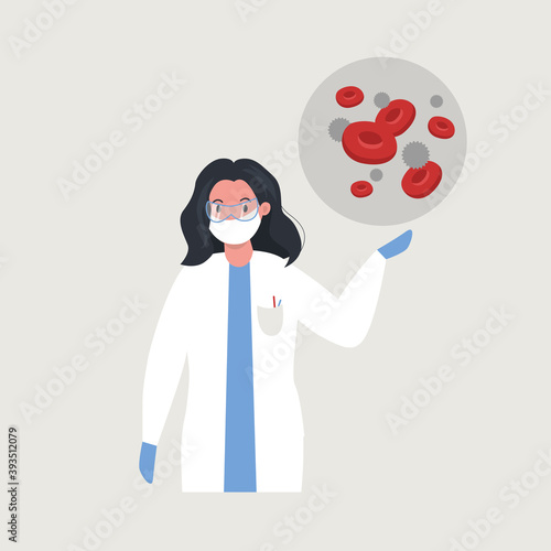 Woman scientists shows blood cells infected with virus. Flat vector illustration.