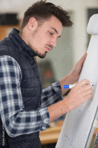 male designer drawing on a flipchart