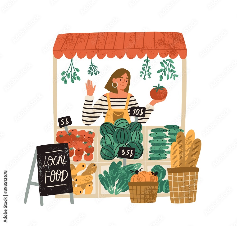 Female farmer selling fresh fruits and vegetables at stall at local ...