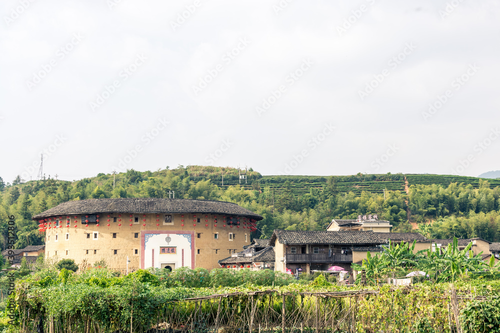 FUJIAN,CHINA 14 october 2020 - A panoramic wide angle view of Tulou courtyard,Tulou is the unique traditional rural dwelling of Hakka.	