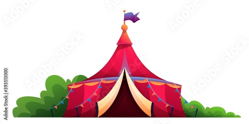 Circus vintage tent flat vector illustration. Amusement, entertainment industry. Classic red and yellow marquee isolated design element. Carnival, funfair, festival. Cartoon pavilion with flag.