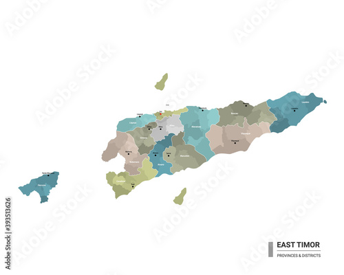 East Timor higt detailed map with subdivisions. Administrative map of East Timor with districts and cities name, colored by states and administrative districts. Vector illustration. photo