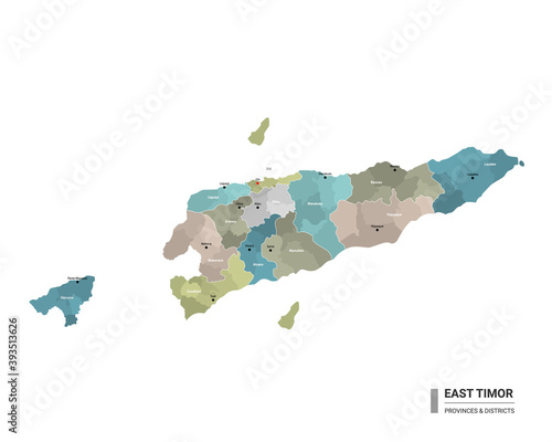 East Timor higt detailed map with subdivisions. Administrative map of East Timor with districts and cities name, colored by states and administrative districts. Vector illustration.