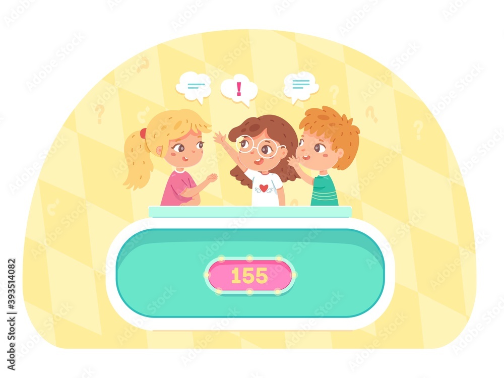Kids playing quiz game. Smart boy and girls in team discussing answer to question together in competition, score on board. Television trivia show, tv entertainment vector illustration Kids playing quiz game. Smart boy and girls in team discussing answer to question together in competition, score on board. Television trivia show, tv entertainment vector illustration